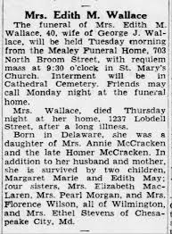 Edith McCracken Wallace obit Apr 1952