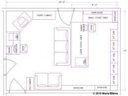 A messy and disorganized craft room. Studio Floor Plan Maria Elkins Sewing Room Layout Craft Room Office Craft Room Design Layout