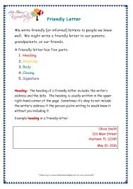Catered to the fourth grade, this worksheet shows students how to apply their reading and writing skills to personal letters. Friendly Letter Example Grade 5 Letter