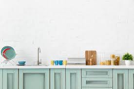 Turquoise and red kitchen valance. Modern White And Turquoise Kitchen Interior With Kitchenware Near Brick Wall Free Stock Photo And Image