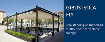Gibus Med Isola Fly Roof System Commercial Solution For Outdoor Cover With A Retractable Fabric Canopy Retractable Canopy Outdoor Cover Dream Pools Outdoor