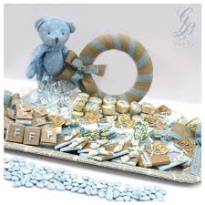 In Love With The Little New Baby Boy Newborn Babyboy Blue Tray Chocolate Dragee Decorated Bassamghr Chocolate Decorations Baby Gifts Baby Boy Shower