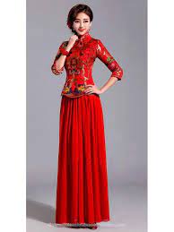 Floor Length Mandarin Collar Chinese Red Brocade Cheongsam Wedding Bridal Dress Dresses Chinese Wedding Dress Traditional Cheongsam Wedding