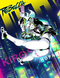 bowalia, rebecca (cyberpunk), cyberpunk (series), cyberpunk 2077, cyberpunk  edgerunners, highres, 1girl, artificial eye, ass, ass focus, blue  background, character name, city, colored sclera, full body, gradient  background, green eyes, green hair, grin,