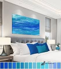 Teal Cobalt Blue Abstract Coastal Artwork Long Horizontal Etsy Art Over Couch Bed Decor Teal Wall Art