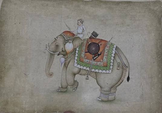 P-354, This artwork appears to be a hand-painted traditional Indian miniature painting on vintage-style paper, depicting a royally decorated stallion in the classic Rajasthani or Mughal style. DM if interested or for