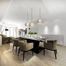 The same brown color of the floor is used for the dining table set and sofa set on sides of the room. 3d Rendering Modern Dining Room And Living Room With Luxury Decor Stock Photo Picture And Royalty Free Image Image 120568874