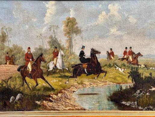 19th century English fox hunt in landscape with huntsman and women with hounds at 1stDibs
