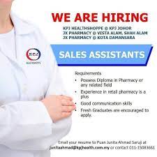 Jobs in shah alam (jawatan kosong segara). Kpjshoppe Job Vacancy Sales Assistants Location Kpj Healthshoppe Kpj Johor Specialist Hospital Jx Pharmacy Vista Alam Shah Alam Jx Pharmacy Kota Damansara Required Qualifications Skills Diploma