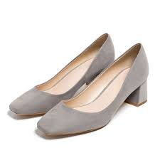 Women S Grey Dress Shoes Suede Square Toe Chunky Heels Commuting Shoes Royxa
