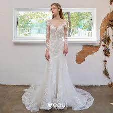 Sie können zwischen langen oder kurzen brautkleidern, strandhochzeitskleidern, brautkleidern in übergrößen. Bohmen Ivory Creme Brautkleider Hochzeitskleider 2021 Meerjungfrau Rundhalsausschnitt Spitze Blumen Lange Armel Ruckenfreies Hof Schleppe Hochzeit