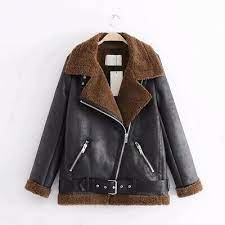 Women Lapel Faux Leather Sherpa Fleece Jacket Biker Style Fur Leather Jacket Oversized Coat Jackets For Women