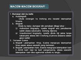 Teks biografi adalah teks yang menguraikan tentang perjalanan hidup seseorang. Biografi Asalna Ti Basa Yunani Nyaeta Bios Anu Hartosna Hirup Jeung Graphien Anu Hartosna Tulis Kalayan Kecap Sejen Biografi Mangrupa Tulisan Ngeunaan Ppt Download