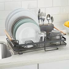 Mdesign Dish Drainer Drying Rack Cutlery Caddy Drainboard Matte Black Smoke In 2020 Dish Drainers Kitchen Dish Drainers Cutlery Caddy