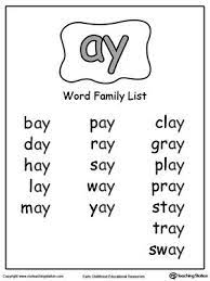 12 letter words ending with 'ai': Ay Word Family List Word Families Word Family List Phonics Reading