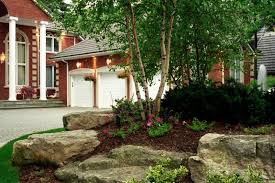 Image Mansion Boulders Birch Trees Jpg Lovetoknow Garden Front Yard Landscaping Pictures Front Yard Landscaping Landscaping With Boulders