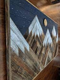 Handmade Reclaimed Wood Snowcapped Mountain Peaks With Night Sky Moon And Stars Wall Art Mountain Wood Art Star Wall Art Wood Wall Art