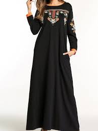 Black Cotton Round Neck Long Sleeve Dresses Cotton Long Dress Long Sleeve Cotton Dress Long Sleeve Casual Dress