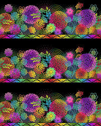 Unusual Garden Ii Rainbow Radiant Stripe Black Floral Border Art Deco Fabric Black Floral