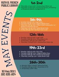 May 2025 Event Calendar at Ruth B. French Library