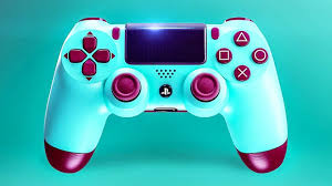 Flat lay photo of black sony ps4 game controller on blue. New Ps4 Controller Berry Blue Dualshock 4 Trailer Special Edition 2018 Ps4 Controller Ps4 Controller Custom Ps4