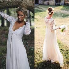 Gorgeous Empire Waist Lace Chiffon Wedding Dresses Cheap High Quality Illusioin Long Sleeves Bridal Gowns For Maternity Pregnant Brides Sparkly Wedding Dresses Lace Maternity Wedding Dresses Empire Wedding Dress Long