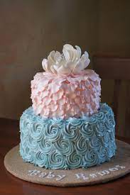 Pink And Blue Baby Shower Cake With Fondant Ruffles And Rosettes Gender Reveal Cake Baby Reveal Cakes Gender Reveal Party Food