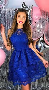 Round Neck Short Homecoming Dress Prom Royal Blue Lace Semi Formal Dresses For Semi Formal Dresses For Teens Formal Dresses For Teens Homecoming Dresses Short
