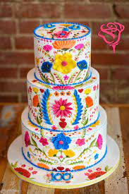 Mexican Embroidery Inspired Wedding Cake Hand Painted Cake With Cocoa Butter Mexican Wedding Mexican P Fiesta Cake Mexican Birthday Parties Mexican Birthday