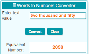 You can convert numbers and amounts in words any one of three languages (english, russian or ukrainian), select from three different currencies (dollar, ruble, hryvnia) and optionally include vat rates for different countries. Words To Numbers Converter Calculator