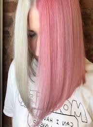 Rose And White Toner Split On Long A Line Hairminia Split Dyed Hair Half Colored Hair Brown Hair Dye