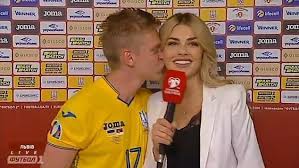 Vlada sedan is the stunning wag of man city star zinchenko. Oleksandr Zinchenko Kisses Tv Reporter Vlada Sedan On The Cheek In Live Interview Daily Mail Online
