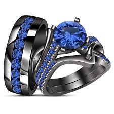 Black And Blue Wedding Rings For Her Engagement Ring His Her Trio Set Blue Sapphire Black Gold Plated 925 Silver Black Gold Jewelry Wedding Ring Trio Sets Black Gold Ring
