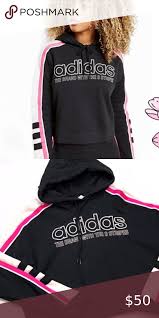 Black And White Adidas Hoodie Rare Adidas Cropped Hoodie Cute Pink Black And White Adidas Hoodie With A Hood Strings In Front And Slightly Cropped Adidas Tops
