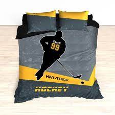 Personalized Hockey Bedding Black And Yellow Custom Duvet Or Comforter Sets Hat Trick Hockey Custom Duvet Sports Bedding Hockey Bedding