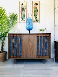 Small Mid Century Credenza With Retro Blue Fabric Panel Doors Etsy Mid Century Credenza Mid Modern Sideboard Mid Century Modern Credenza