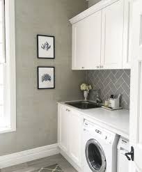 Laundry Thibaut Raffia Wallpaper Grey Subway Tiles Grey Stone Floor Tiles Caesarstone Bench Top Cab Laundry Decor Laundry Room Update Laundry Room Design
