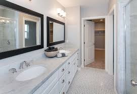 Contemporary Master Bathroom White Cabinets Gray Counter Light Gray Wall Large Glass Shower Opens Contemporary Master Bathroom Light Grey Walls Grey Walls