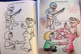 It's dark, it's surprising, and it's so very interesting. Party Hard Sesame Street Colouring Book Acoustic Guitar Summoning Ritual Pentagram Corrupt Coloring Book Coloring Books Childrens Colouring Book