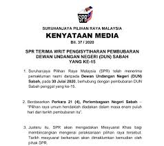 Beliau berkata, pilihan raya negeri perlu diadakan dalam jangka masa 60 hari dan beliau akan terus menjadi ketua menteri sabah sementara (caretaker). Spr Terima Writ Pengisytiharan Pembubaran Dun Sabah Kosmo Digital