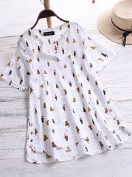 casual cat cartoon print button irregular plus size blouse