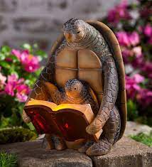 Solar Lighted Reading Mama And Baby Turtles Sculpture Wind And Weather