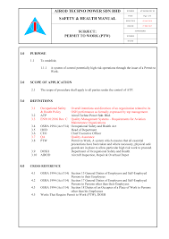 Industry codes of practices and guidelines relating to the elimination of risks to s&h associated with the nature of work carried out at the place of work and other relevant codes of practice. 1 Sm 006 Permit To Work Ptw Ed2 0 Rev 0