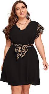 Shirred bust faux button placket short sleeves; Romwe Women S Plus Size Short Sleeve Leopard Print Belted Casual Tunic Midi Dress At Amazon Women S Clothing Store