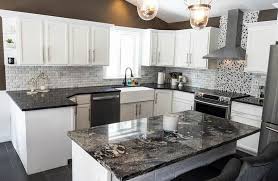 Black granite countertops with dark cabinets. Kitchen With White Cabinets Dark Granite Countertops Tile Backsplash And Brown Types Of Kitchen Countertops Dark Countertops White Cabinets White Countertops