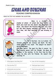 Likes And Dislikes Esl Worksheet By Patricia Elvira Likes And Dislikes Reading Comprehension Third Grade Reading