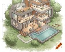 Image of 3story house with botanical garden drawing