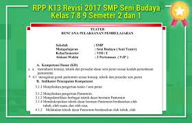 Download silabus 9 kolom mapel seni budaya kelas viii (8) smp/mts kurikulum 2013 revisi tahun 2020. Rpp K13 Revisi 2017 Smp Seni Budaya Kelas 7 8 9 Semester 2 Dan 1 Operator Sekolah