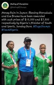 Blessing oborududu, ese brume collect millions from fg over olympics medals olympic silver medalist blessing oborududu and bronze medalist ese brume have been rewarded with their promised cash of $10,000 and $7500, respectively in a ceremony held at grand prince hotel, tokyo japan on tuesday. D8dldbun24td5m