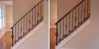 Put a railing post on the last step of your staircase and mark its base with a pencil. Add A Wood Handrail To Your Wrought Iron Balustrade Stair Makeover Wood Handrail Wrought Iron Stair Railing Wrought Iron Stairs